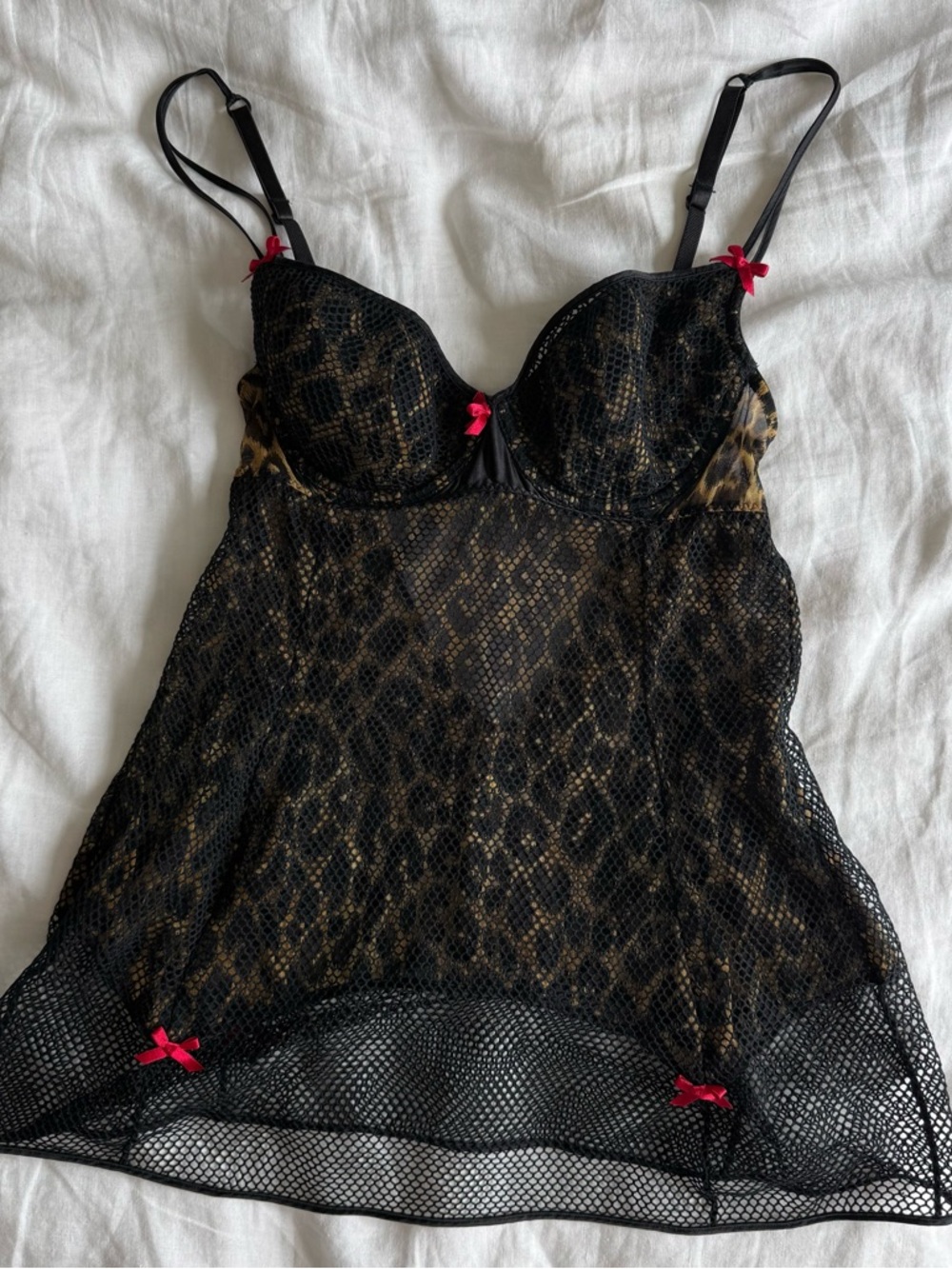 Victoria's Secret Black Fishnet & Leopard Chemise with Red Bows